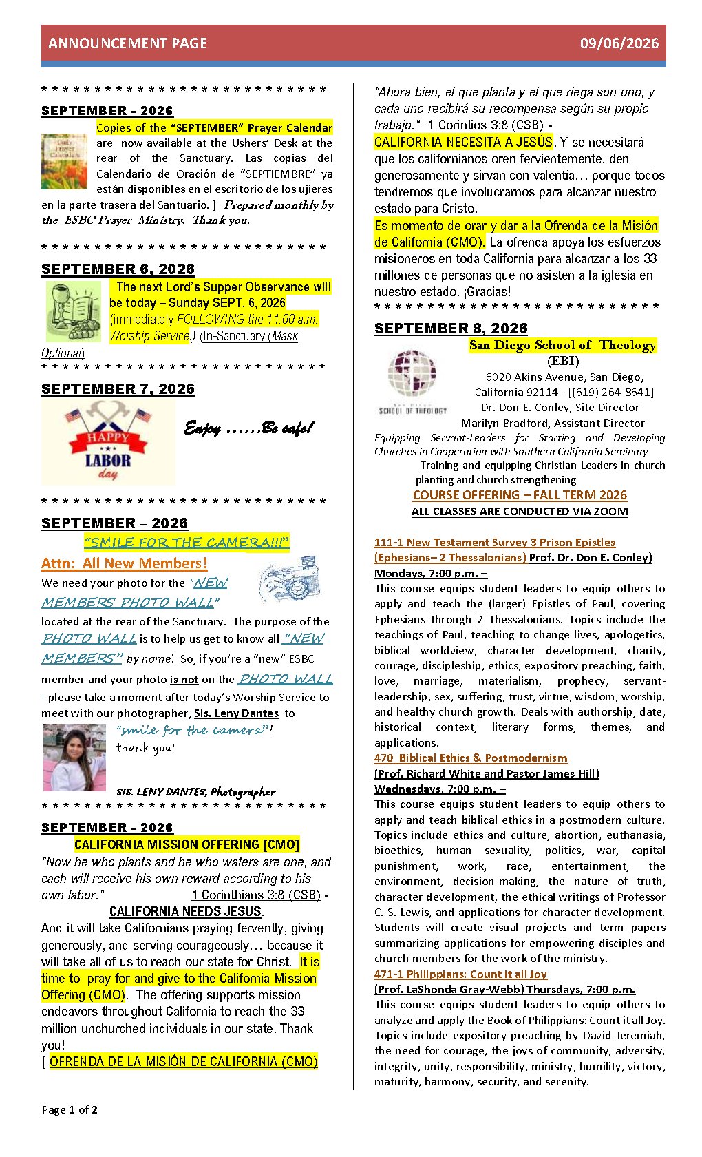 Announcements - first page preview